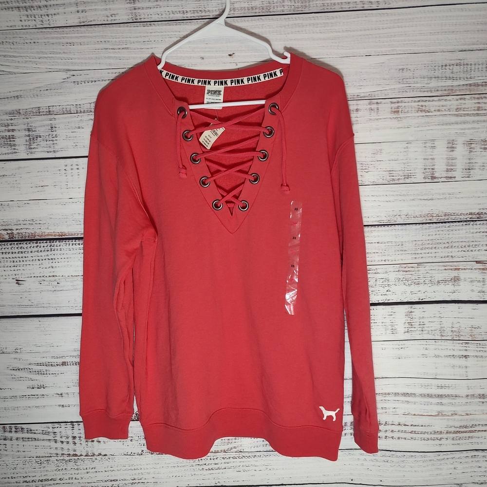 NWT Victoria’s Secret PINK Lace Up Oversized Sweatshirt XS Coral LOVE PINK